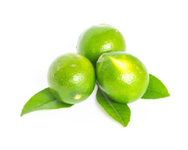 Stüdyo, beyaz yapraklı üç Asyalı yeşil limon vurdu.