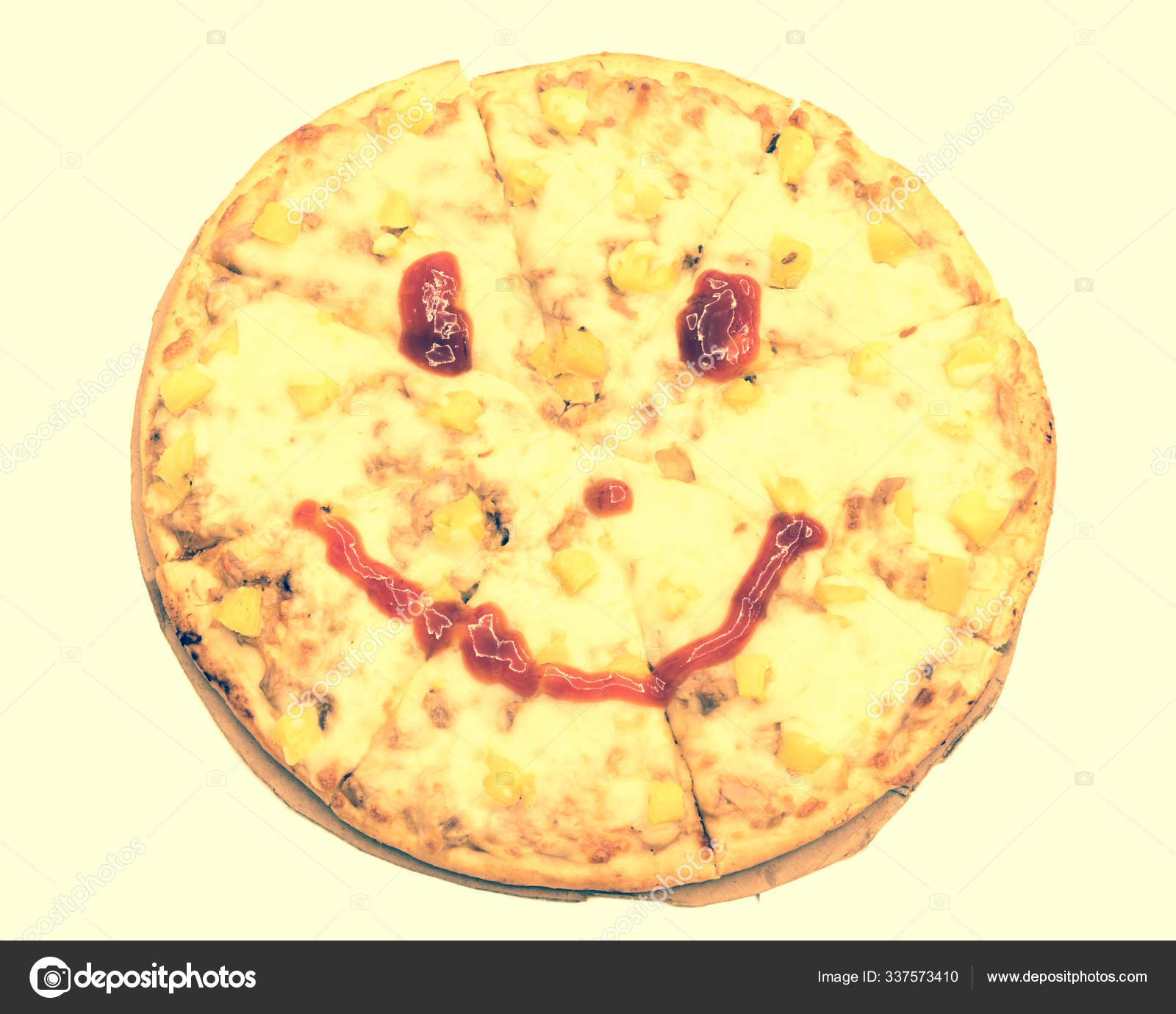 Studio Shot Smiley Icon On Pizza With Cheese And Pineapple Isolated On White Stock Photo C Trongnguyen