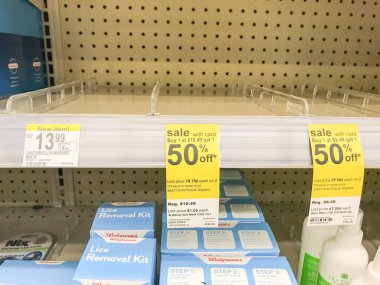 Empty shelves at Walgreen pharmacy near Dallas, Texas during Wuhan 2019-nCoV outbreak