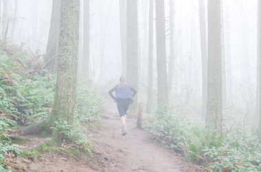 Amerika 'nın başkenti Washington' da Poo Poo Point Chirico Patikası 'nda yürüyüş yapan sağlıklı bir kadın. Bereketli orman dağ manzarasında sisli patika