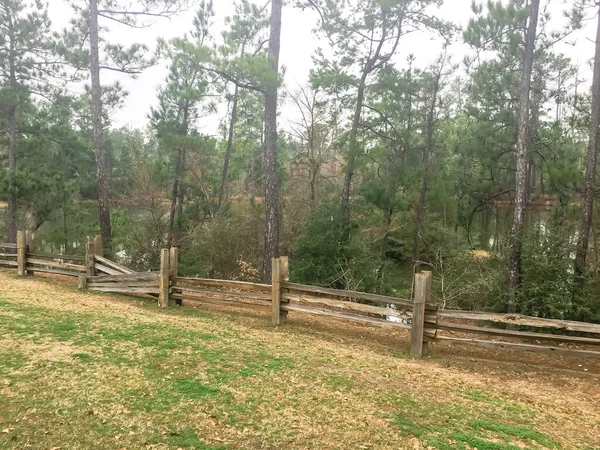 Scenic lake side trail with rustic wooden fence logs and tall pine trees of rest area in Texas, America.