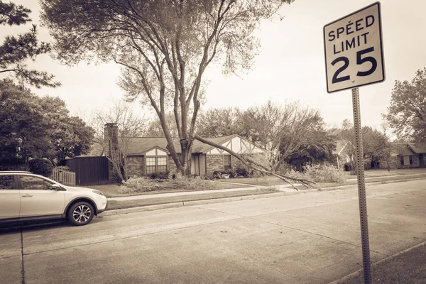 Sąsiedztwo Ulica Ograniczeniem Prędkości Zaparkowane Samochody Upadły Gałąź Drzewa Pobliżu — Zdjęcie stockowe