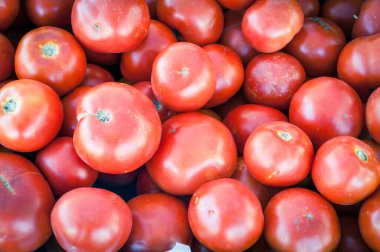 Washington, ABD 'deki çiftçi pazarında yiyecek kasasında bir yığın kırmızı domates.
