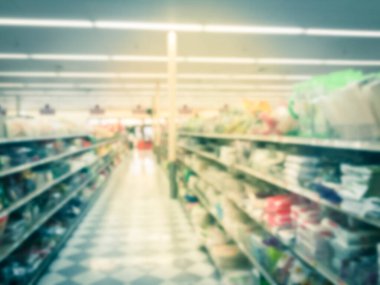 Usa 'daki Asya süpermarketinde arka plan koridorları ve raflar bulanık