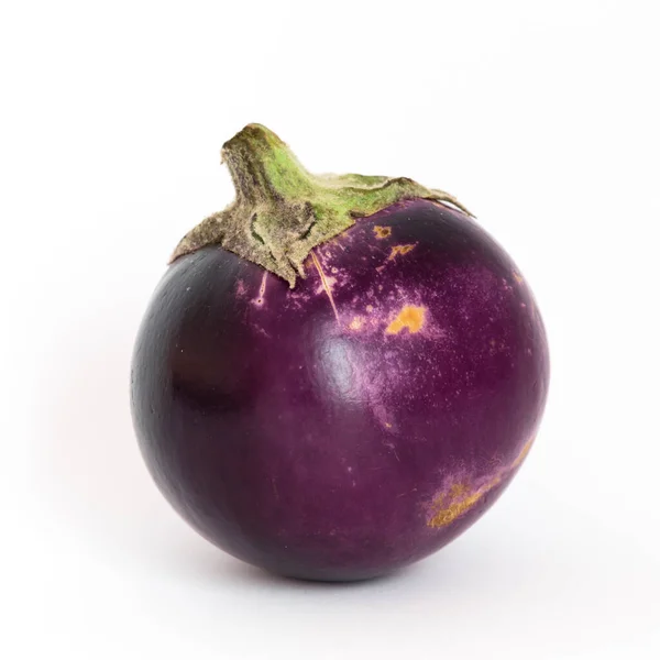 Studio shot of single organic violet round Thai eggplant isolated on white — Stok fotoğraf