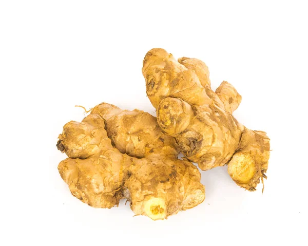 Studio shot organic homegrown two ginger roots isolated on white — ストック写真