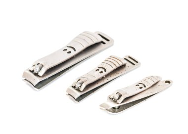 Collection of Vietnamese shiny fingernail and toenails clipper isolated on white