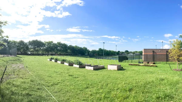 Panoramic row of raised bed garden with PVC pipe cold frame at elementary school in Dallas, Texas, USA — Stock Photo, Image