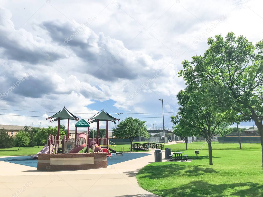 Closed public park with kid playground as Coronavirus Covid-19, Wuhan virus near Dallas, Texas, USA