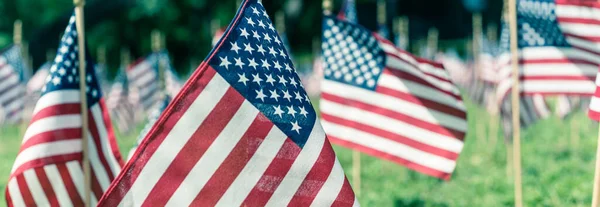 Πανοραμική σειρά του γκαζόν αμερικανική σημαίες οθόνη στο πράσινο γρασίδι την Ημέρα Μνήμης στο Ντάλας, Τέξας, ΗΠΑ — Φωτογραφία Αρχείου