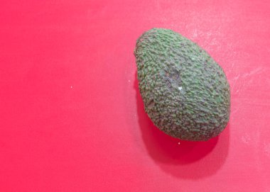 Koyu yeşil engebeli, açık kırmızı arka planı olan bir Haas avokadosu.