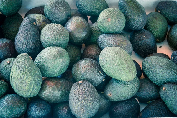 Abundancia de aguacate orgánico en la caja de espuma de poliestireno en el puesto de frutas de la calle en Little India, Singapur — Foto de Stock