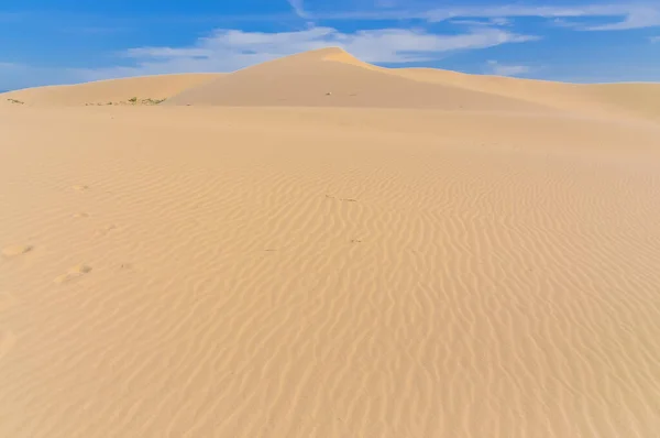 Wide angle view desert and sand dunes ripples leads to horizontal with blue cloud sky in Nam Cuong, Phan Rang, Viet Nam — Stock Photo, Image