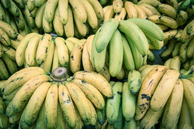 Geylang, Singapur 'daki meyve standında muz demetlerinin eksiksiz arkaplanı.
