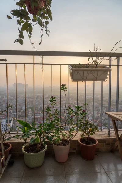 Kompakt utrymme balkong trädgård i höghus lägenhet med utsikt över stadsbilden i Hanoi, Vietnam — Stockfoto