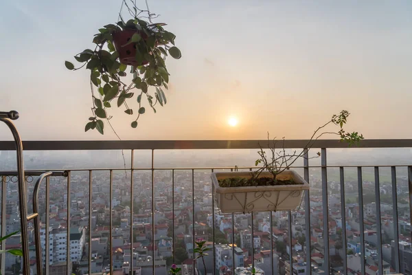 High-rise apartment balcony garden with hanging basket, window box and aerial view cityscape in Hanoi, Vietnam
