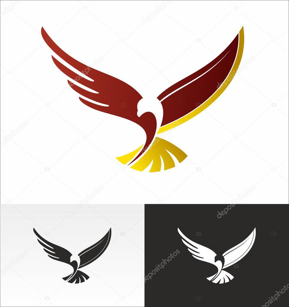 Falcon, eagle, bird, restaurant, logo, vector, fork, knife, Cutlery, plate, symbol, yellow, orange, red, Burgundy, pattern, variant, sketch, idea, poster, wings, head, profile, hawk, predator, hunter, mining, cafes, school, canteen, catering, timeny