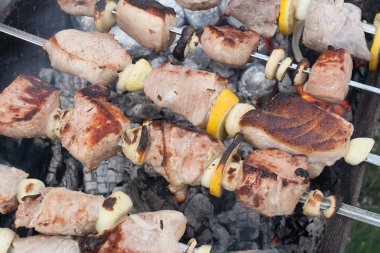 Şiş kebap ızgarada kızarıyor. Barbekü partisi