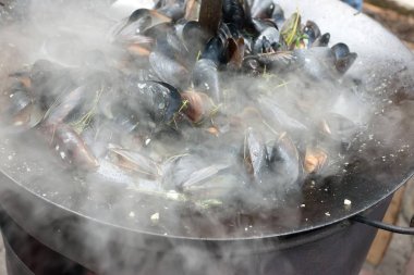 Midye hazırlanması. Bir tavada midye. Sokak gıda.