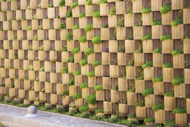 Dikey tuğla duvar arka bahçede