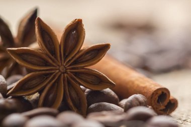 kahve çekirdekleri ve anasonu kaba kumaş üzerine