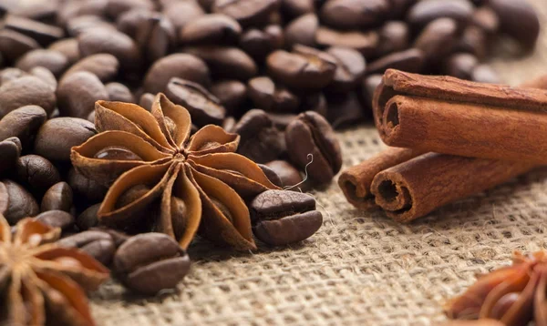 Kávová zrna a badyánu na hrubé tkaniny — Stock fotografie