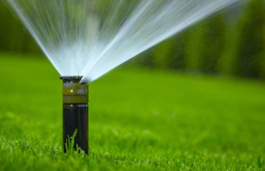 Otomatik fıskiye sistemi yeşil çimlerin arka planında çimleri suluyor