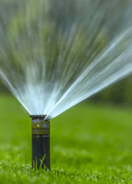 Automatisk sprinkler system vattna gräsmattan på en bakgrund av grönt gräs — Stockfoto