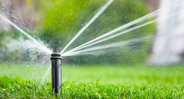 Sistema automático de aspersão regar o gramado em um fundo de grama verde — Fotografia de Stock