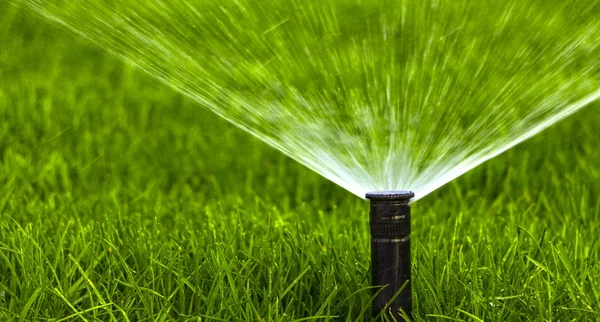 緑の草を背景に芝生に散水する自動散水システム — ストック写真