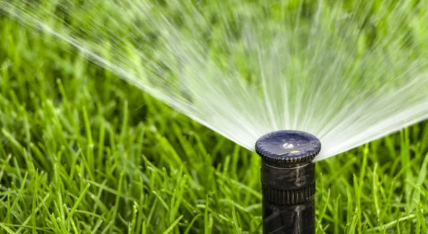 푸른 잔디 위에서 잔디에 물을 주는 자동 스프링클러 시스템 — 스톡 사진