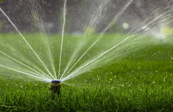 Système d'arrosage automatique arrosage de la pelouse sur un fond d'herbe verte — Photo