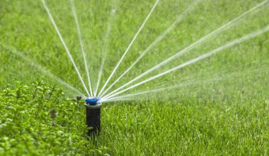 Otomatik fıskiye sistemi yeşil çimlerin arka planında çimleri suluyor