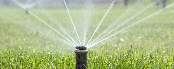 Sistema automatico di irrigazione irrigazione del prato su uno sfondo di erba verde — Foto Stock