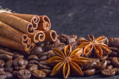 Yakın çekim, kavrulmuş kahve çekirdeği, tubberry, tarçın ve çikolata.