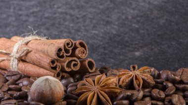 Yakın çekim, kavrulmuş kahve çekirdeği, tubberry, tarçın ve çikolata.