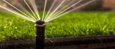 Otomatik fıskiye sistemi yeşil çimlerin arka planında çimleri suluyor