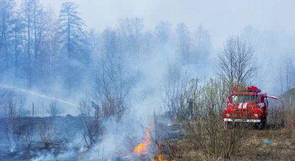 Un coche y un grupo de bomberos apagan el fuego en un prado ardiente ahumado seco — Foto de Stock