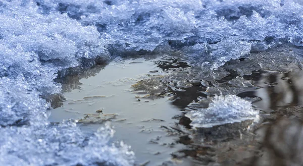 Neige fondante avec flaques d'eau et neige mouillée en hiver gros plan — Photo