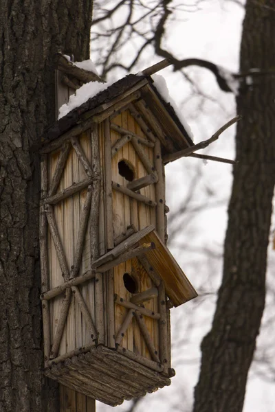 Doppio ponte birdhouse in legno appeso su uno sfondo albero — Foto Stock