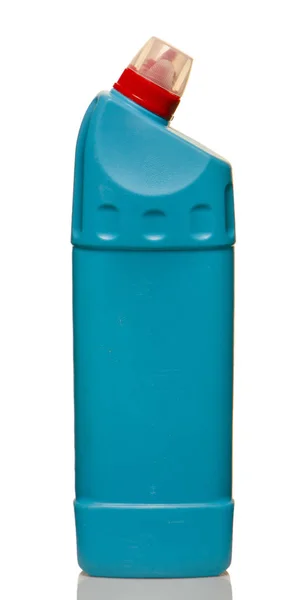 Blaue Flasche mit Waschmittel isoliert auf weißem Hintergrund. — Stockfoto