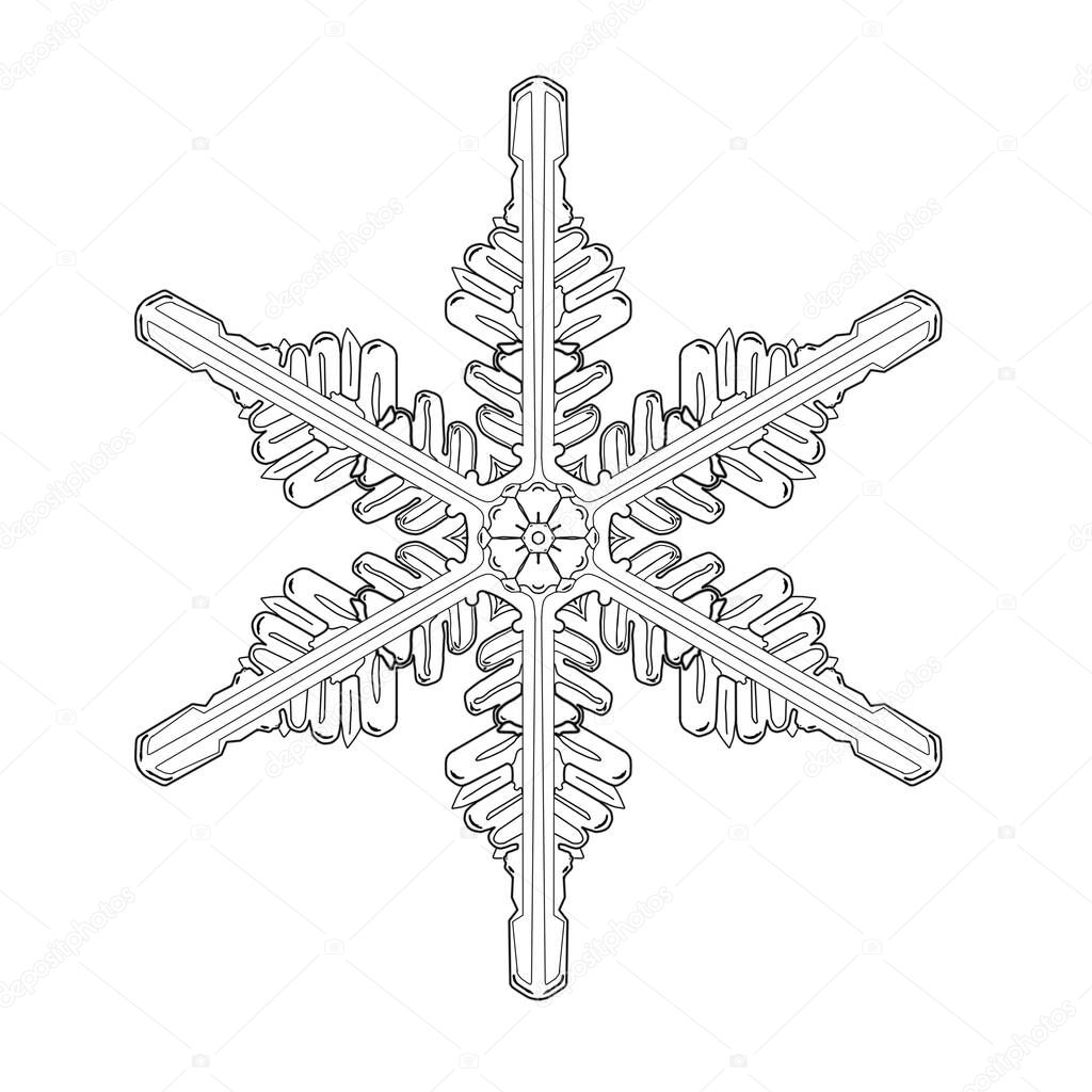 One snowflake on a white background, illustration.