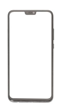 İzole edilmiş beyaz arkaplanda beyaz ekranlı beyaz akıllı telefon.