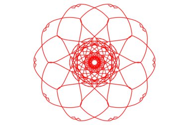 Simetrik yuvarlak desen, beyaz arkaplanda çizgileri olan kırmızı süs.