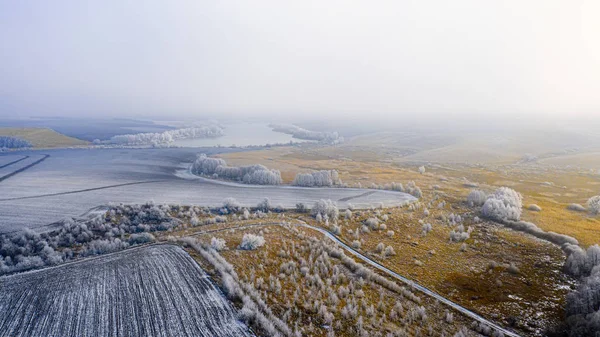 Snowy meadow with forest strips and empty agrarian fields. Winter landscape. — Stock Photo, Image