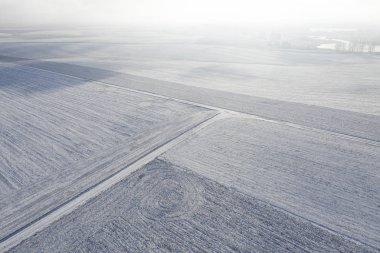 Kış manzarası. Boş tarım alanları ve karla kaplı ağaçlar.
