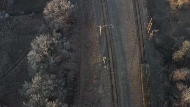 A külvárosi vonat az őszi erdőn át megy naplementébe.. — Stock videók