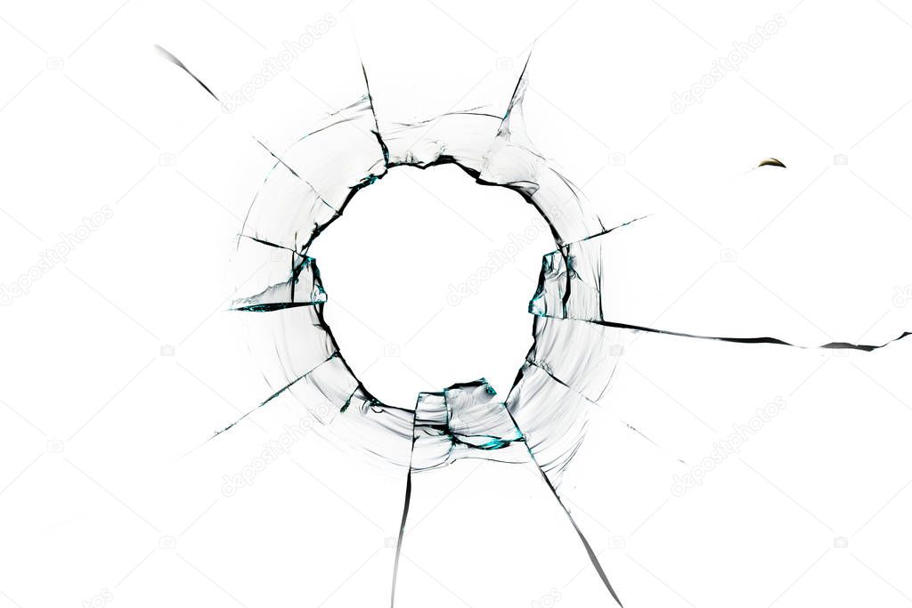glass crack hole from a ball on a white background