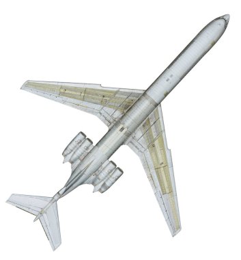 Büyük eski yolcu uçağı, beyaz arka planda dört motoru var.