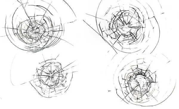 Fissures Rondes Verre Sur Fond Noir Trou Dans Surface Verre — Photo